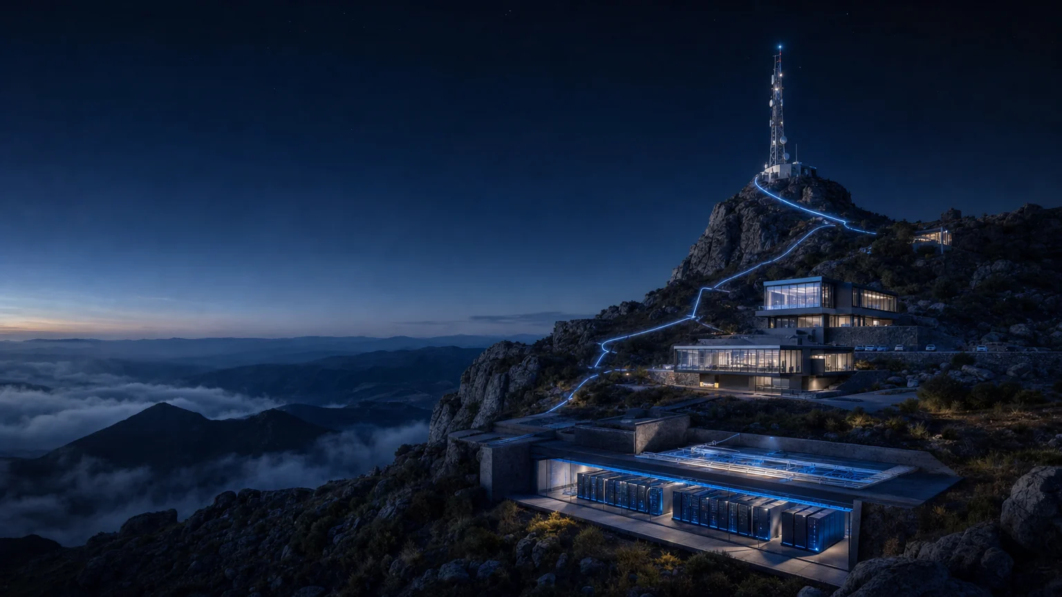 Concept illustration of a communications tower and buildings linked across a mountainous landscape.