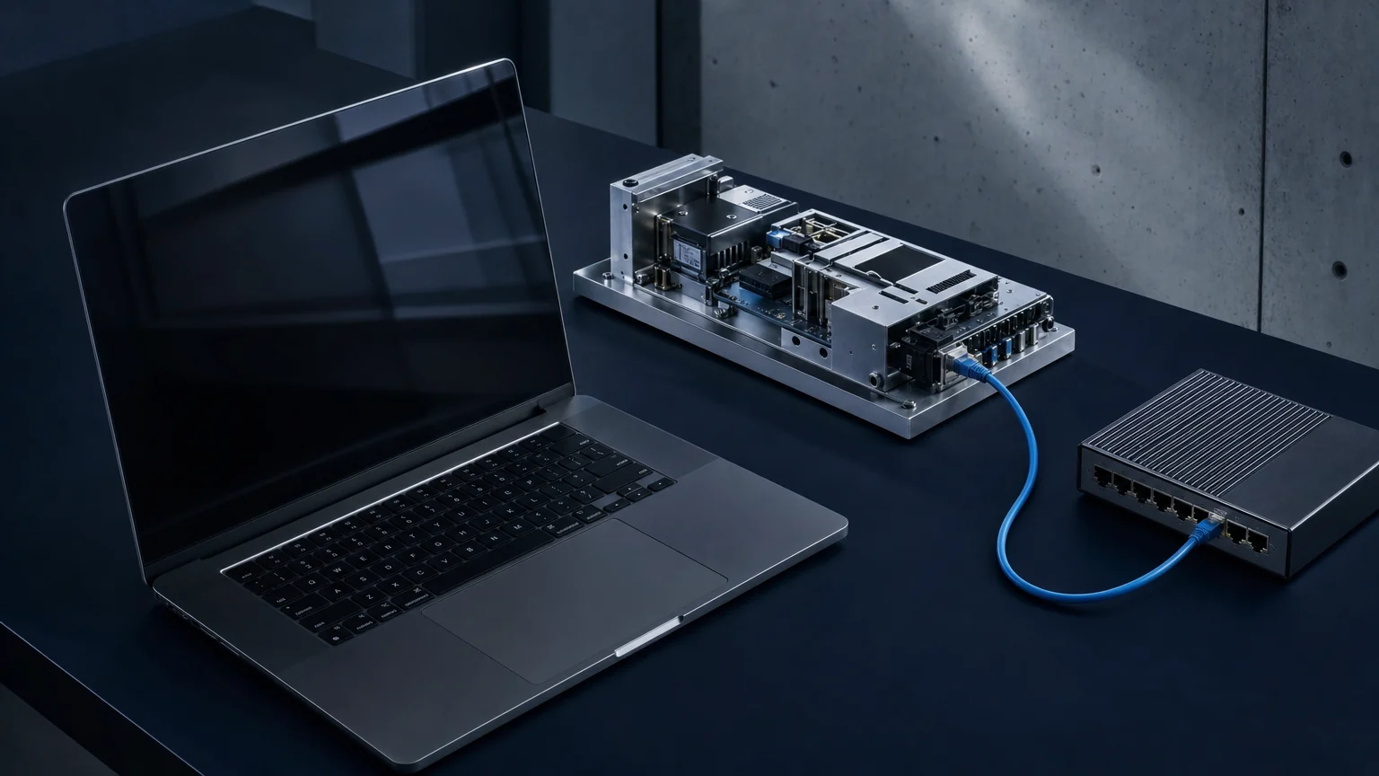 Concept illustration of a laptop and network equipment on a workbench.